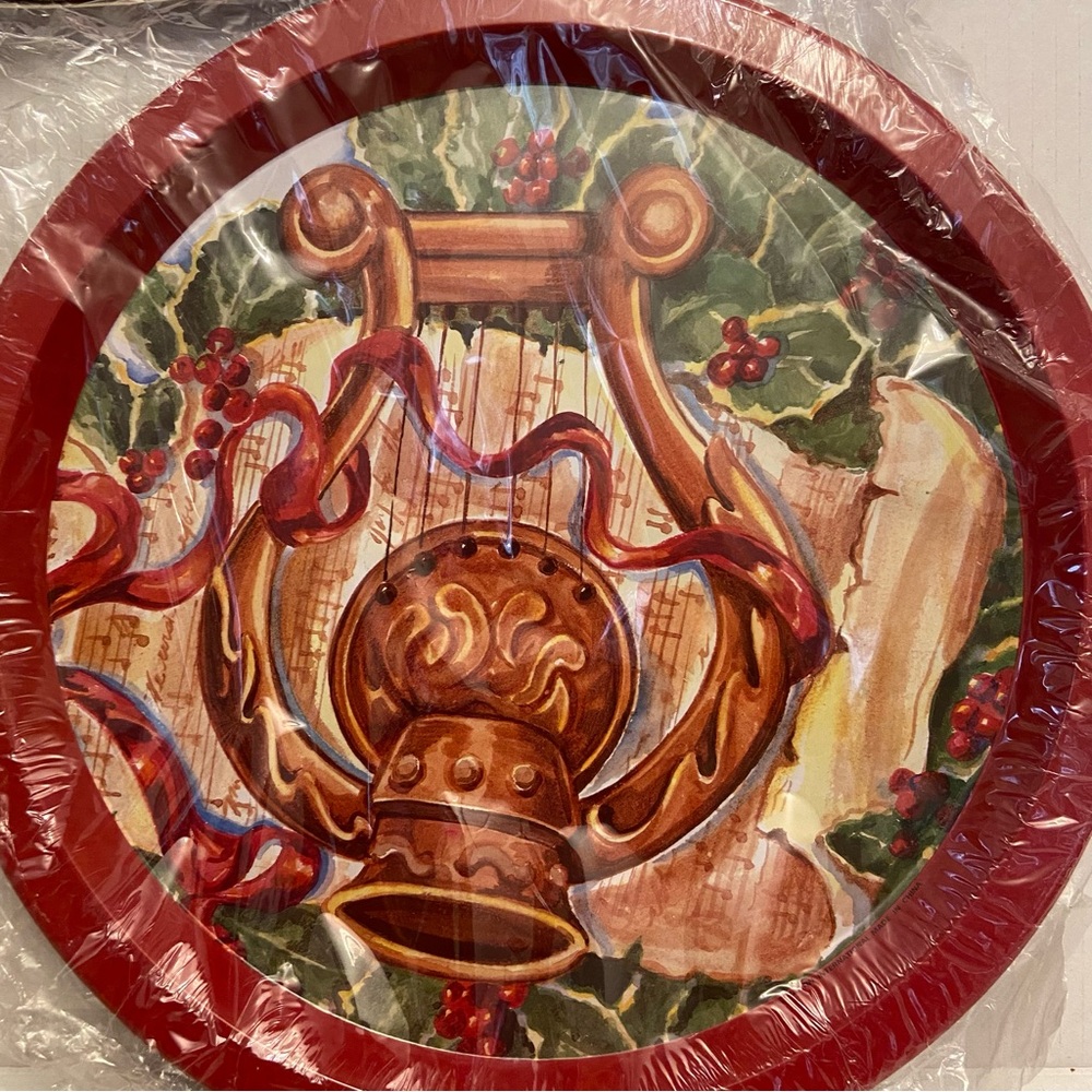 Vintage Hartin Holiday Christmas Bell & Harp Red 13” Round Serving Party Tray. - Picture 3 of 6